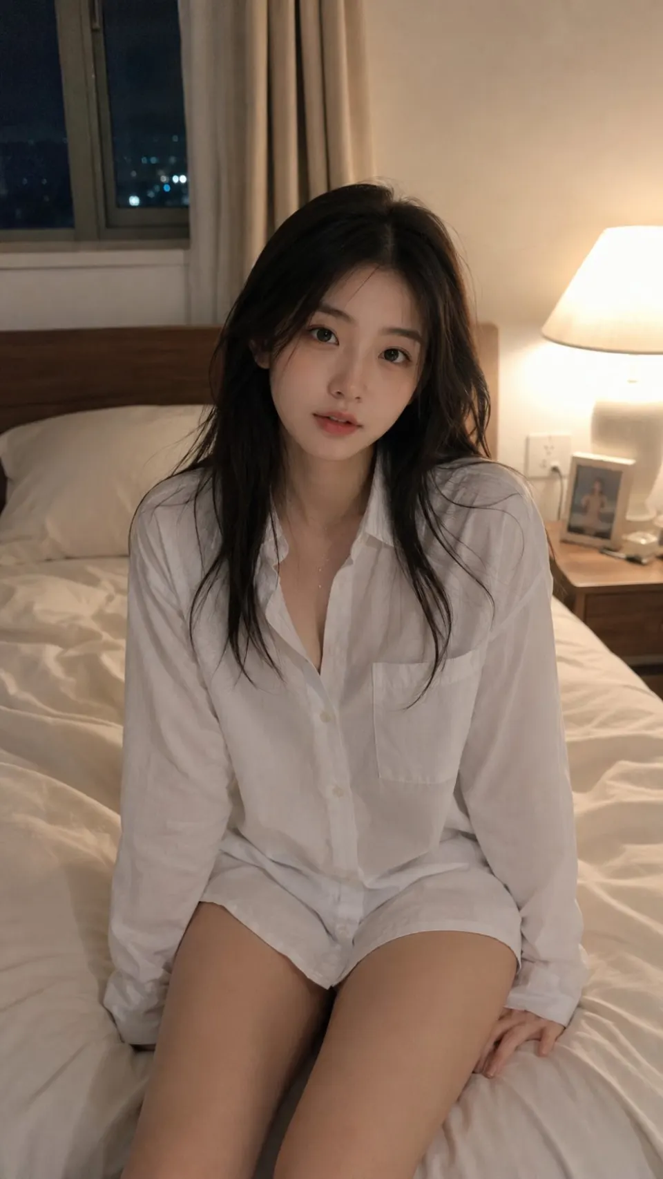 卧室暖光下的白衬衫少女