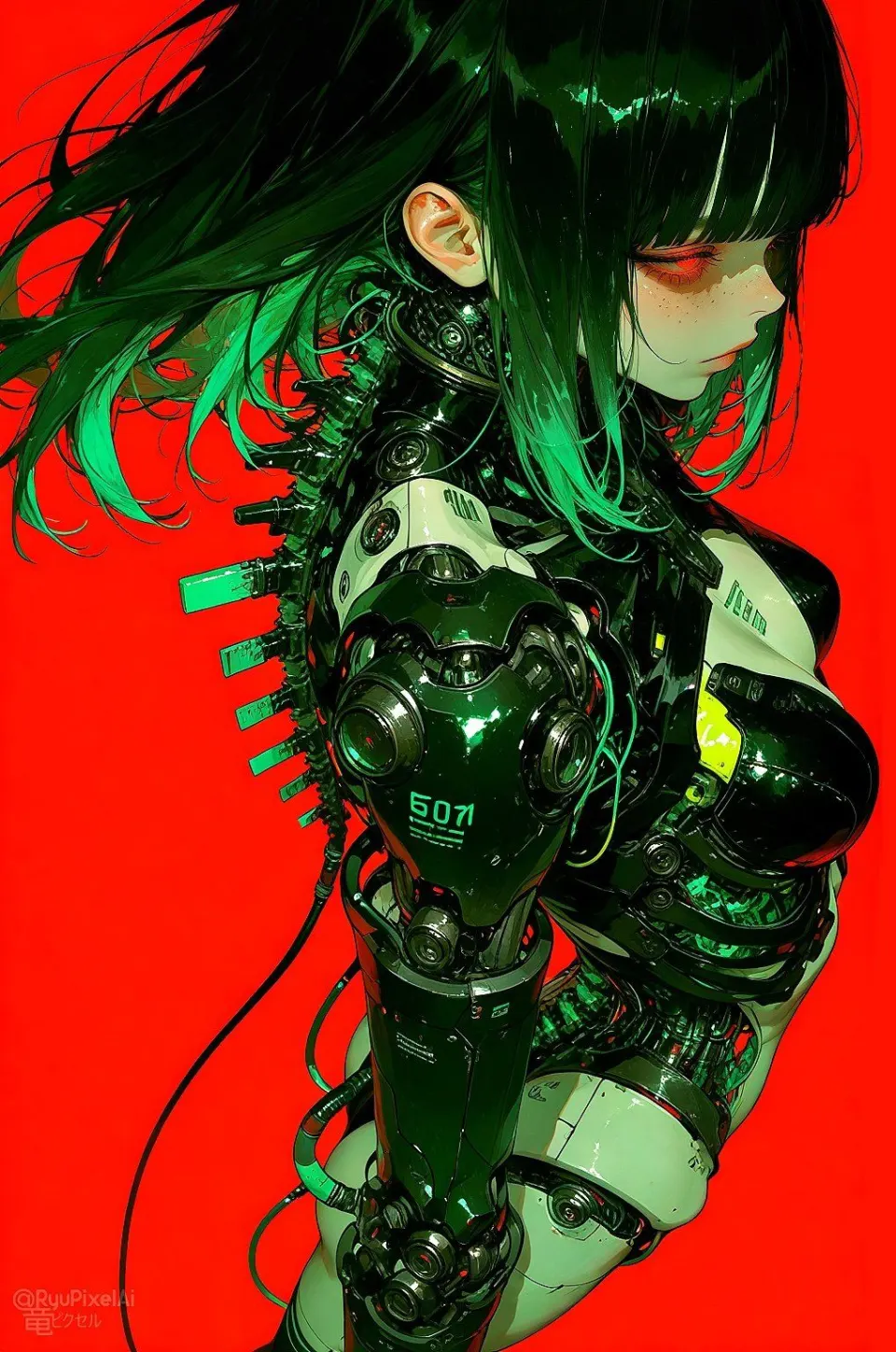 红底绿发机械女性