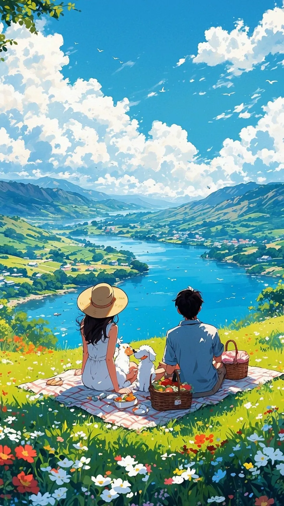 湖畔花坡上的野餐