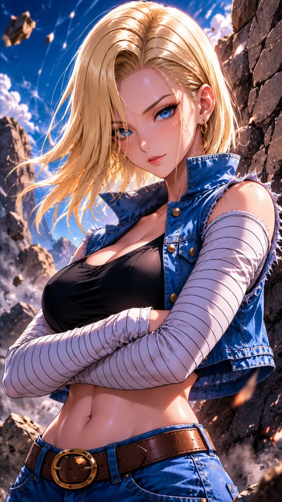 岩石废墟中的金发牛仔少女