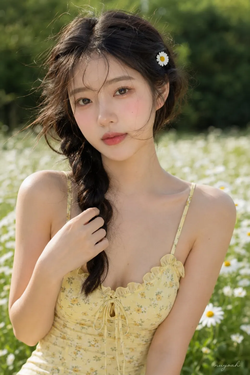 雏菊田间的碎花裙少女