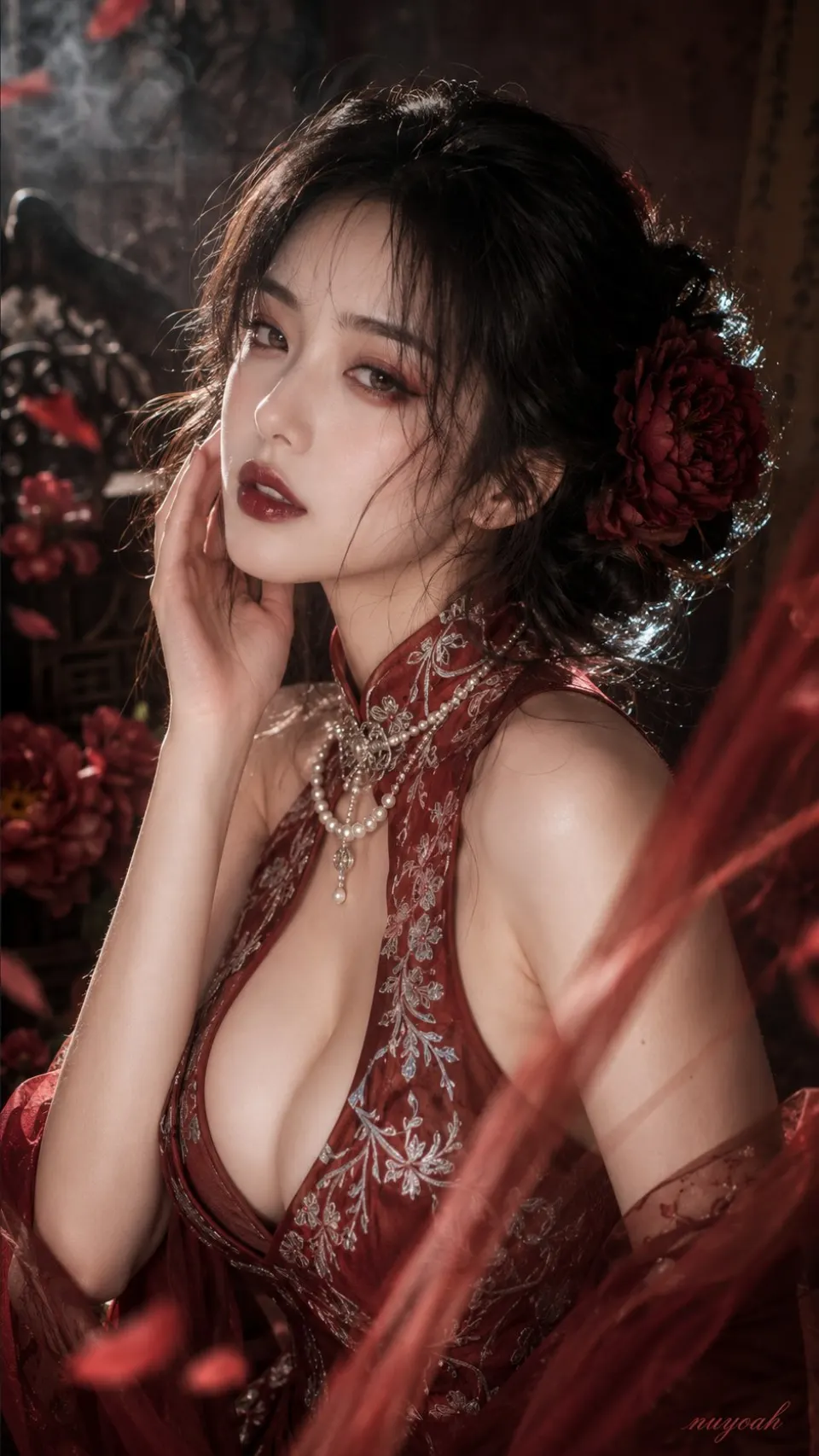 暗红牡丹旗袍人像
