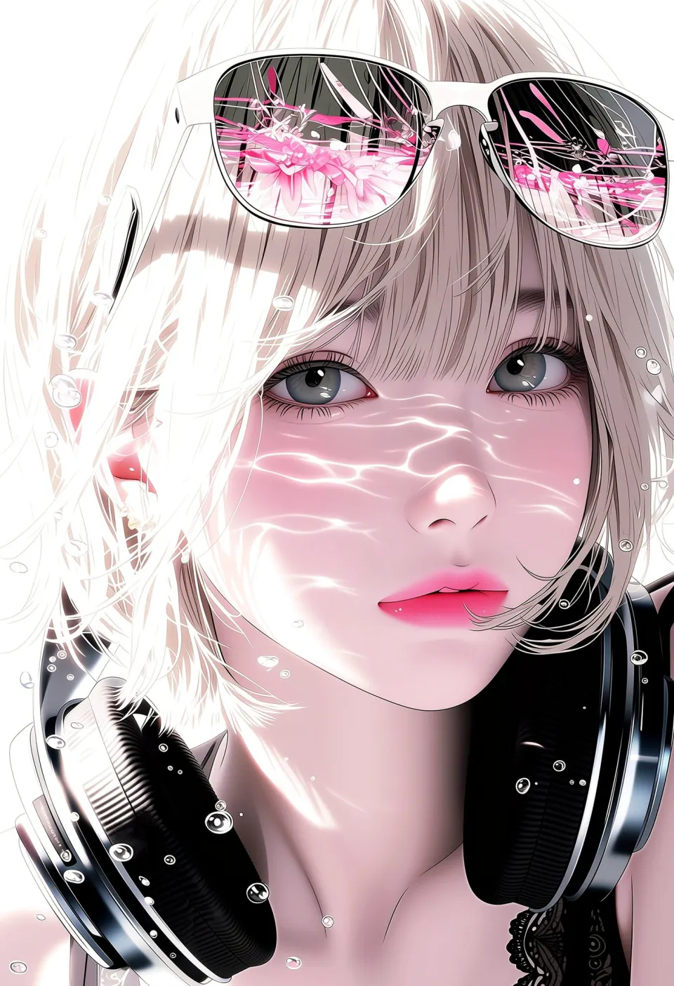 水下光影与耳机少女