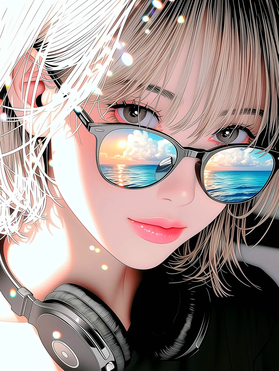 墨镜倒影海景的动漫少女