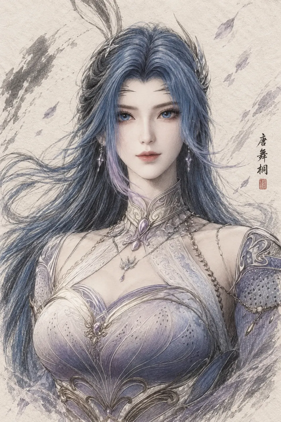 蓝发紫衣奇幻少女插画