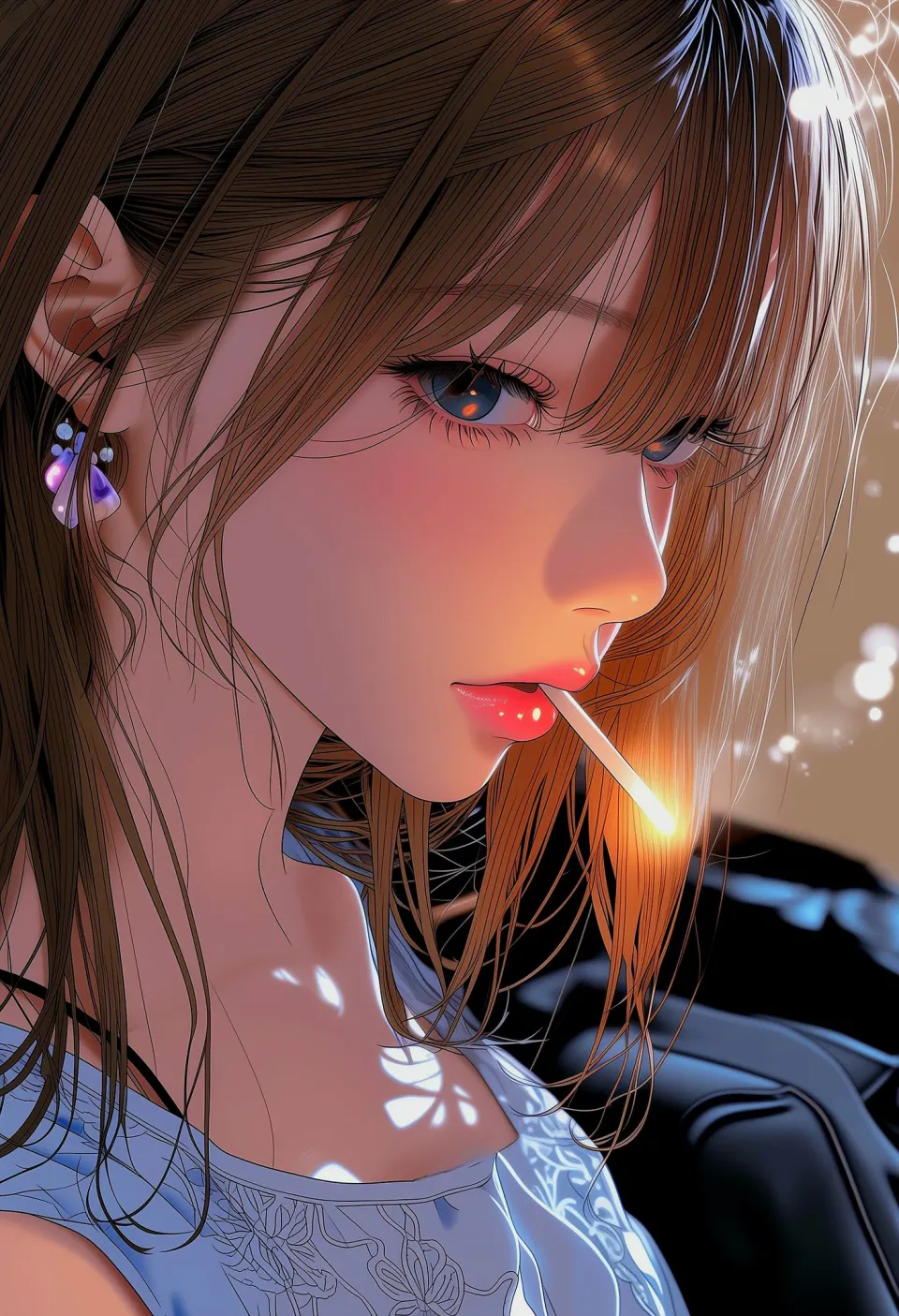 暖光侧影：吸烟少女插画