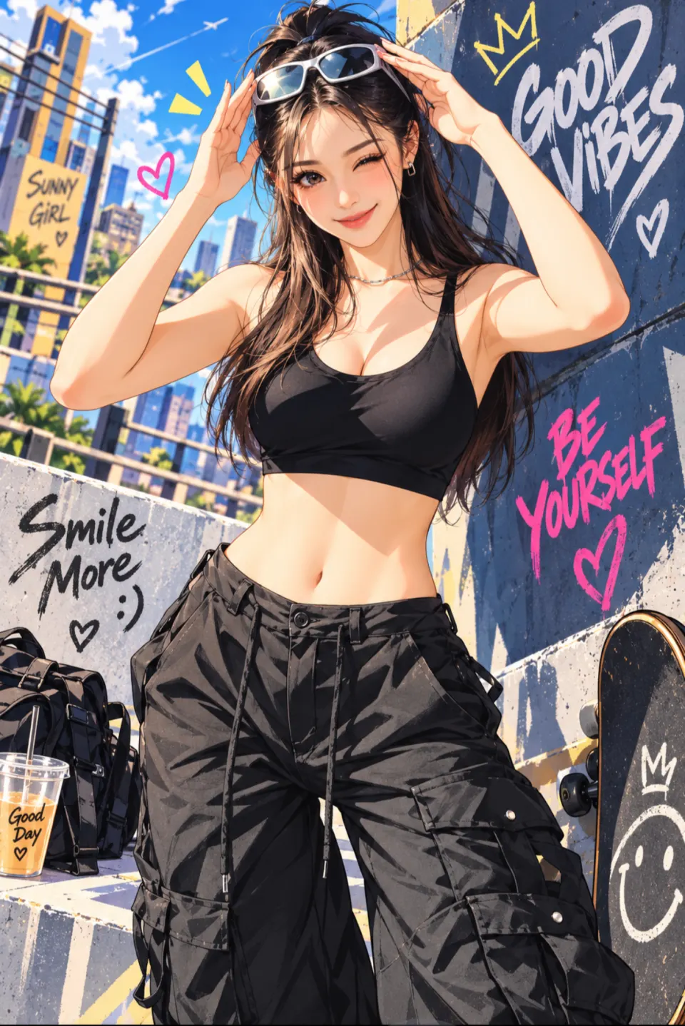 城市天台上的阳光女孩