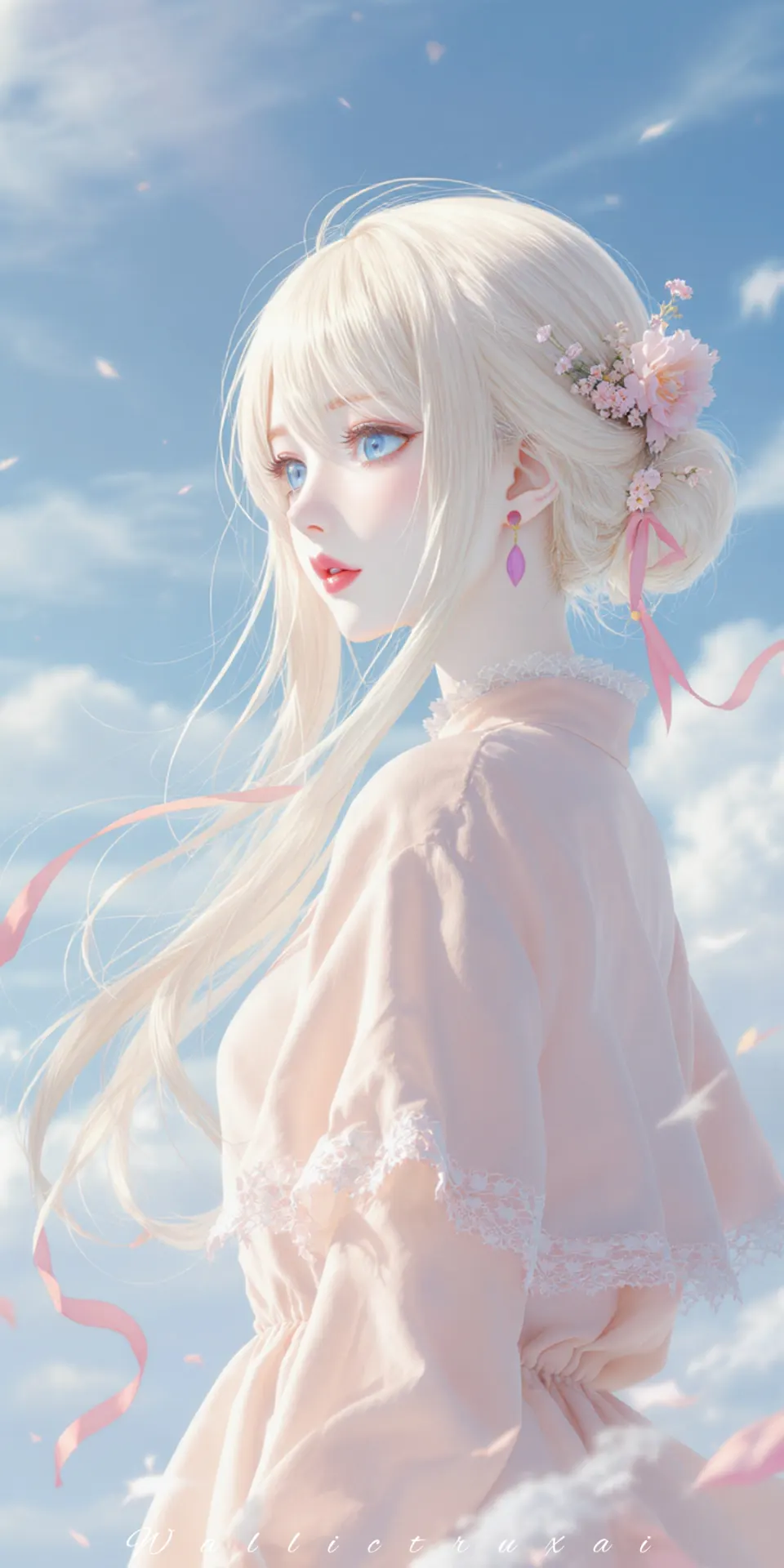 蓝天下的粉裙花饰少女