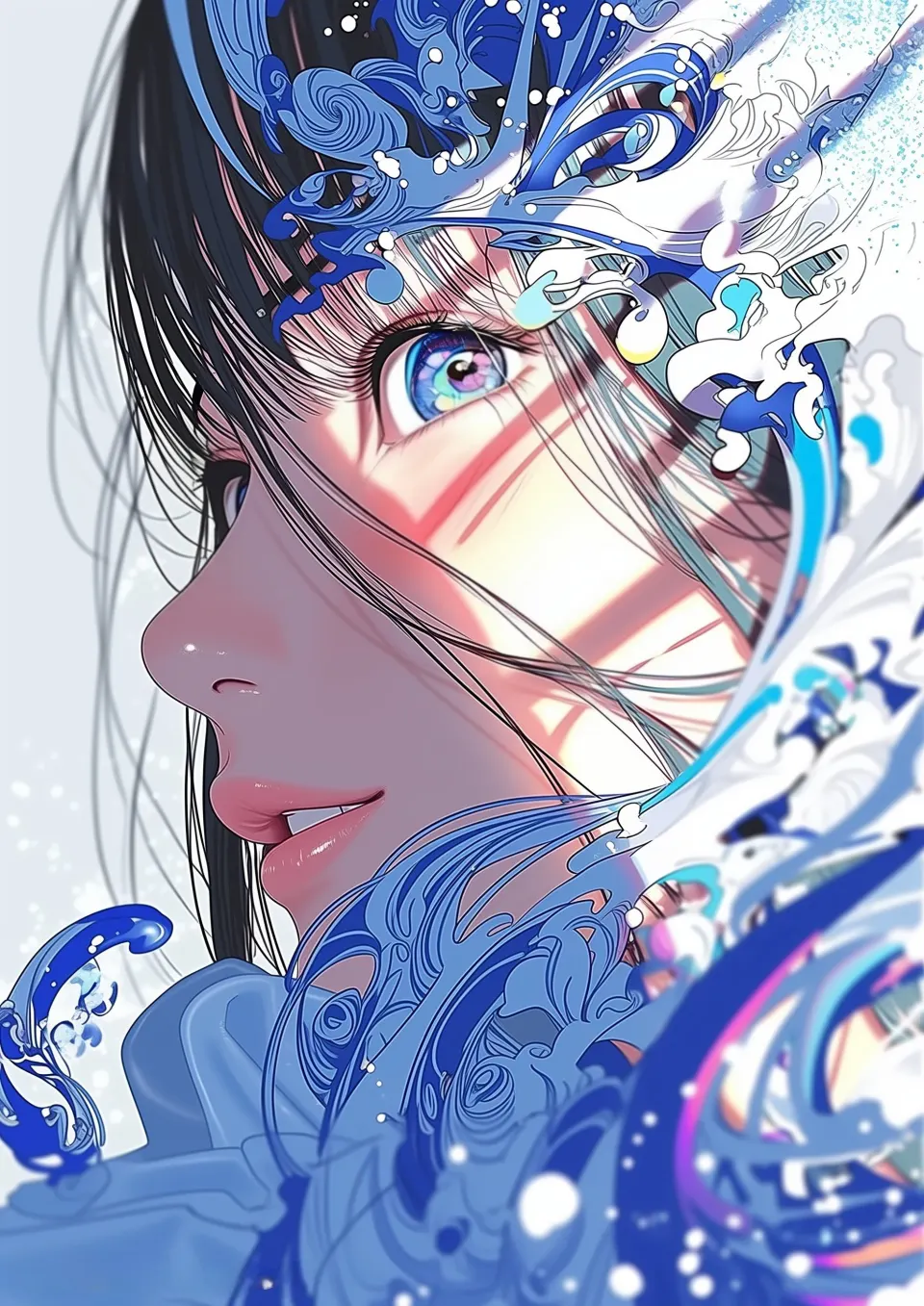 蓝浪少女侧颜插画
