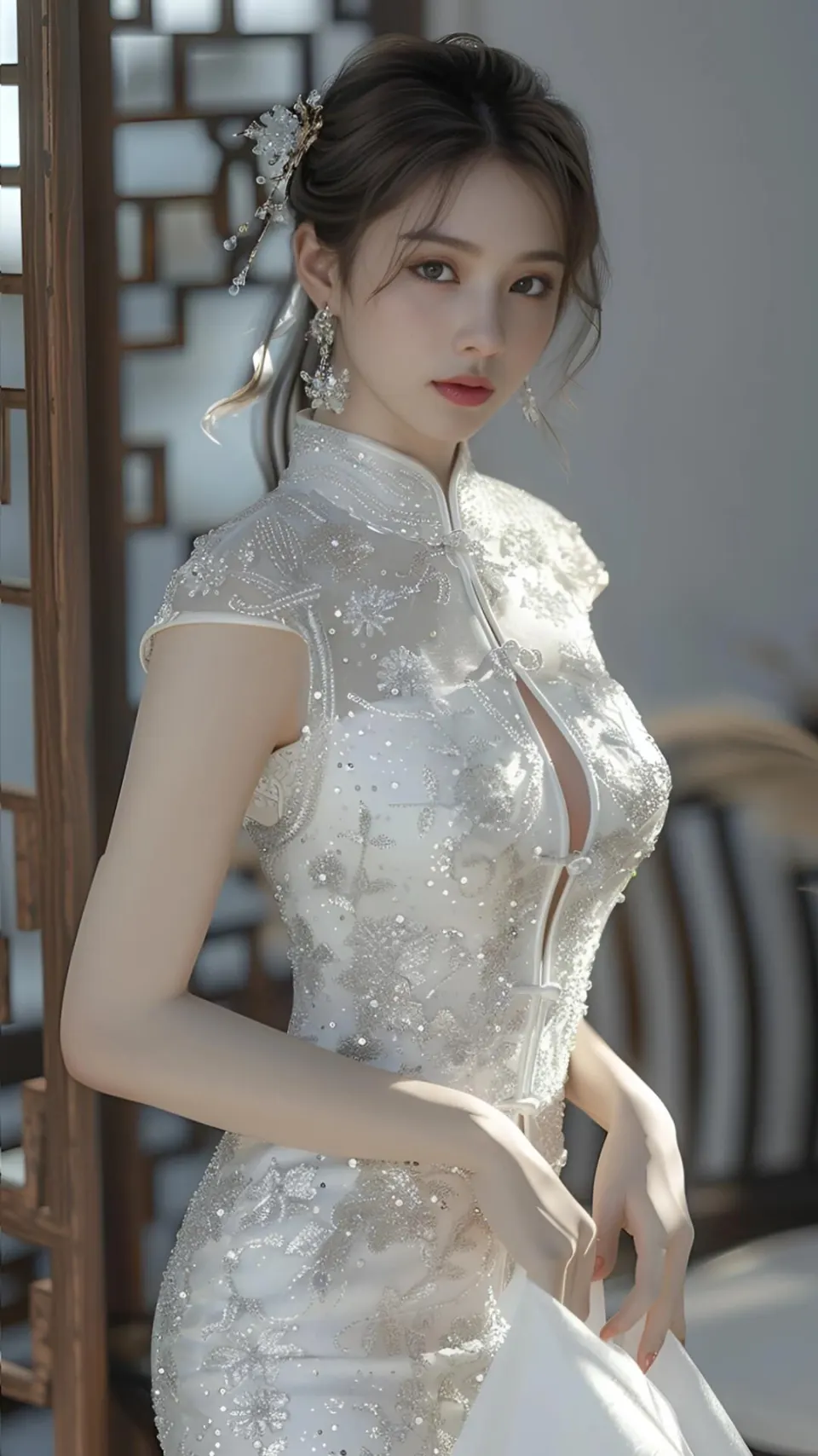 窗边白色刺绣旗袍女性