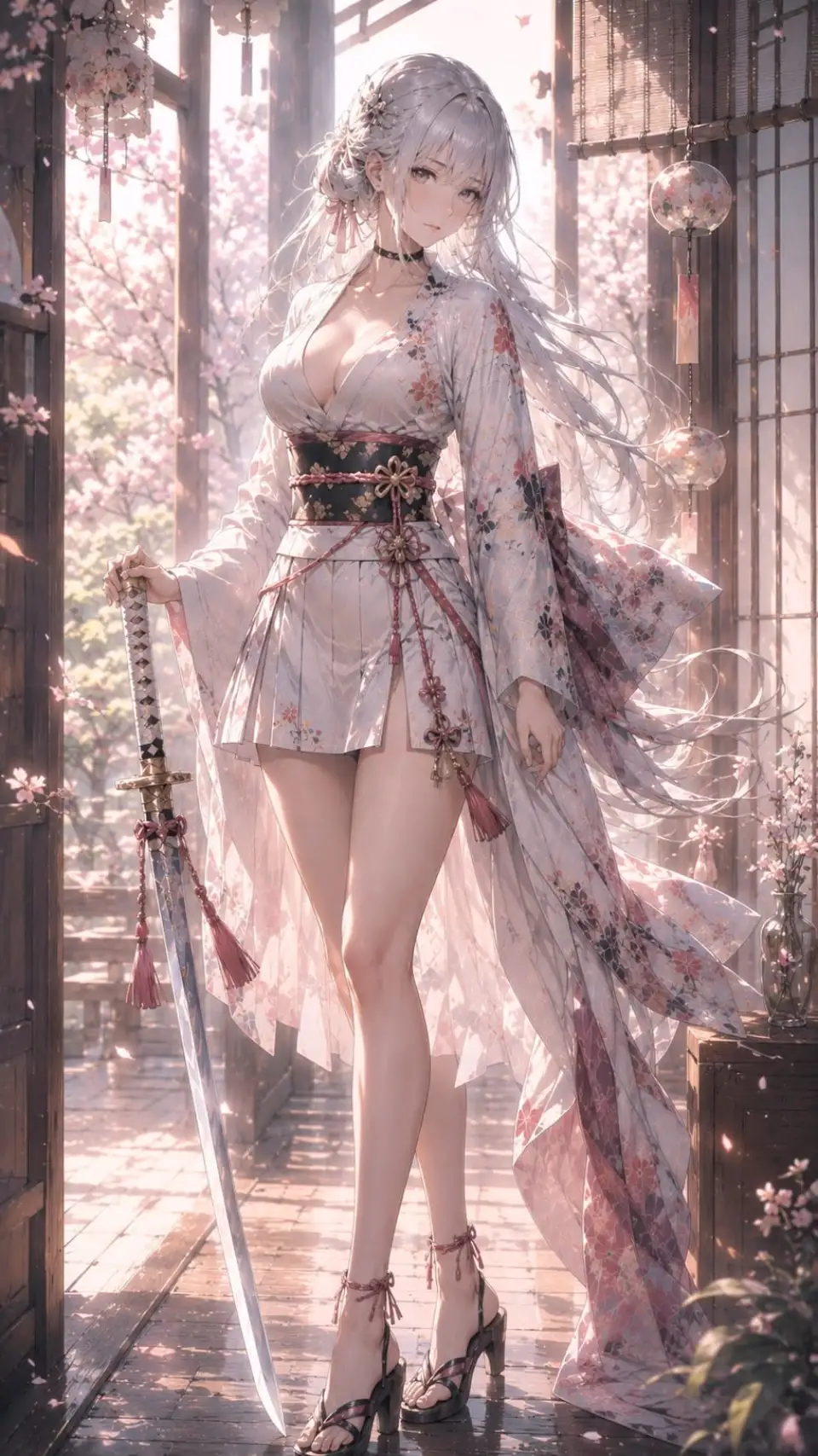 樱花庭院持刀银发少女