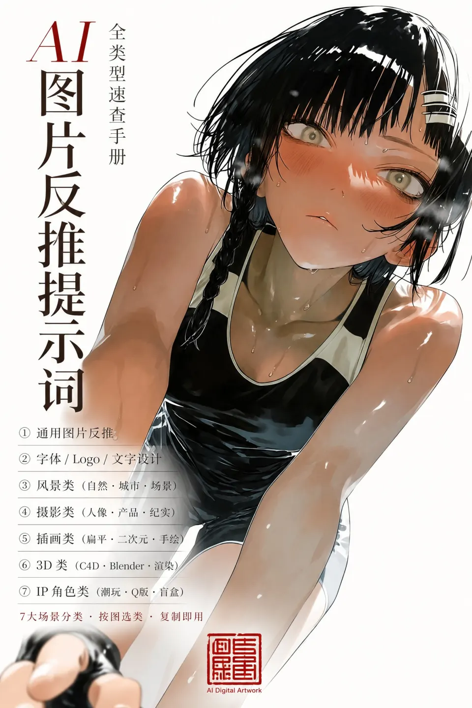 湿发黑发少女泳装插画