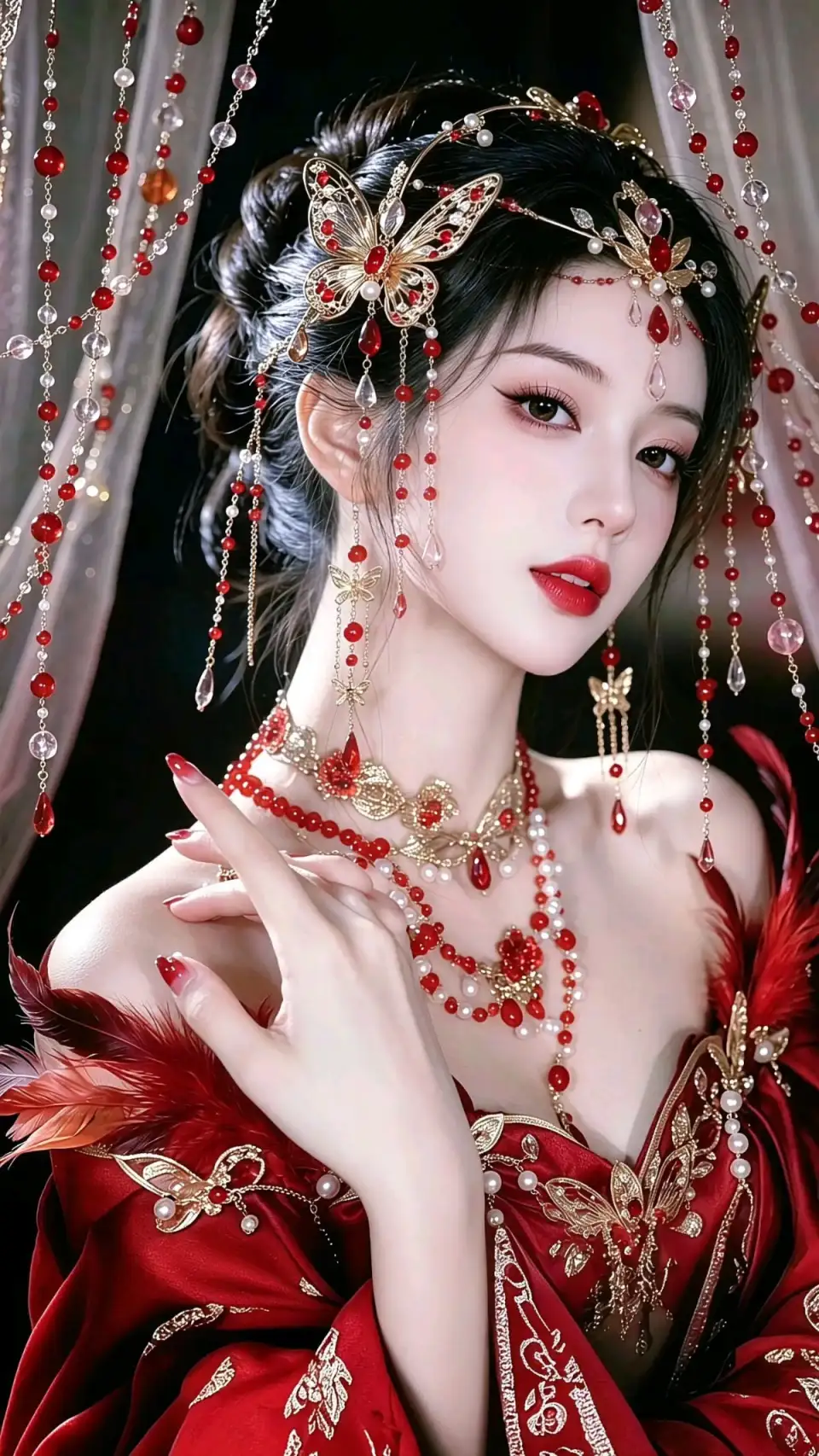 红珠蝶饰的古典少女