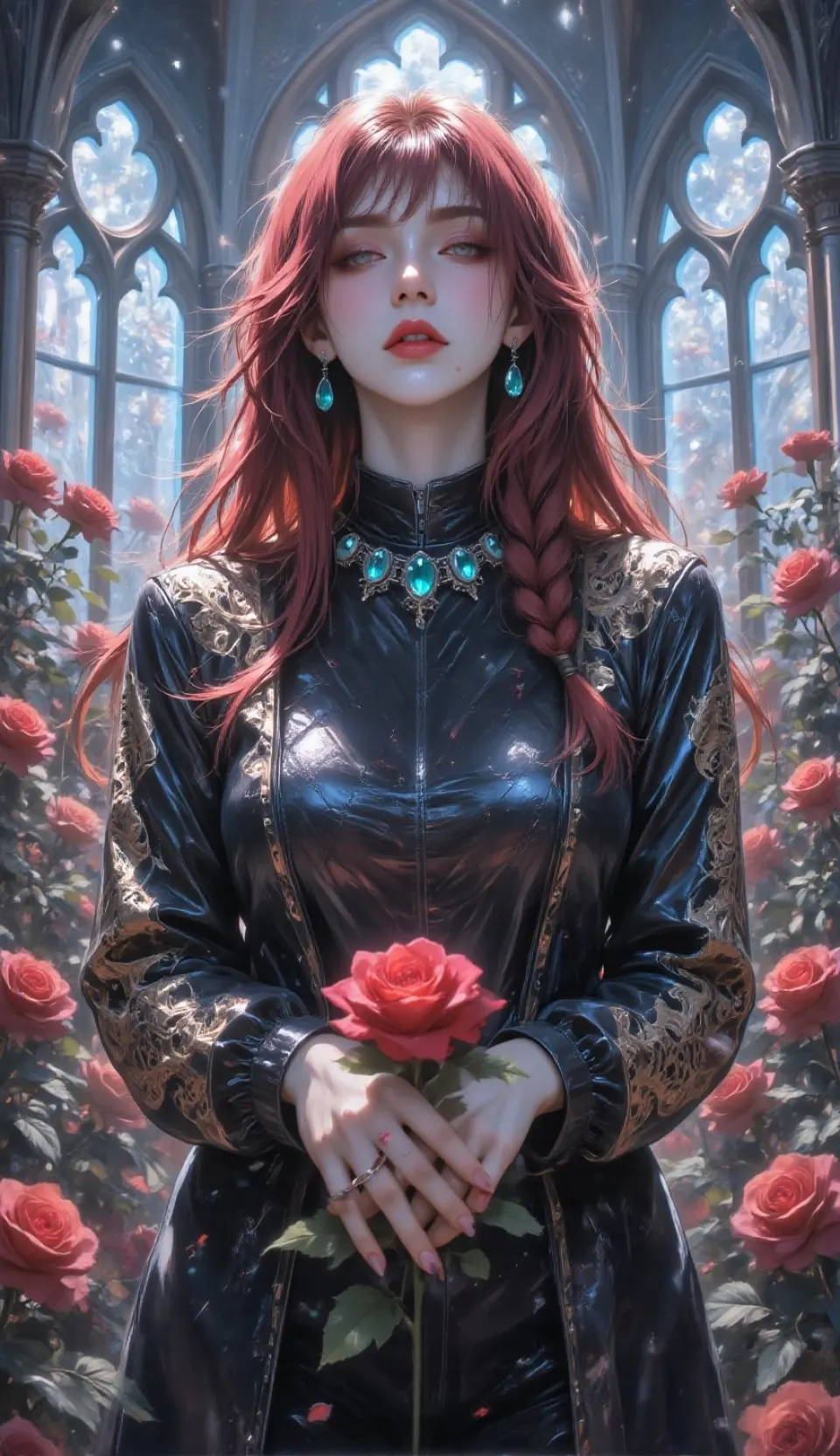 哥特玫瑰园中的红发少女