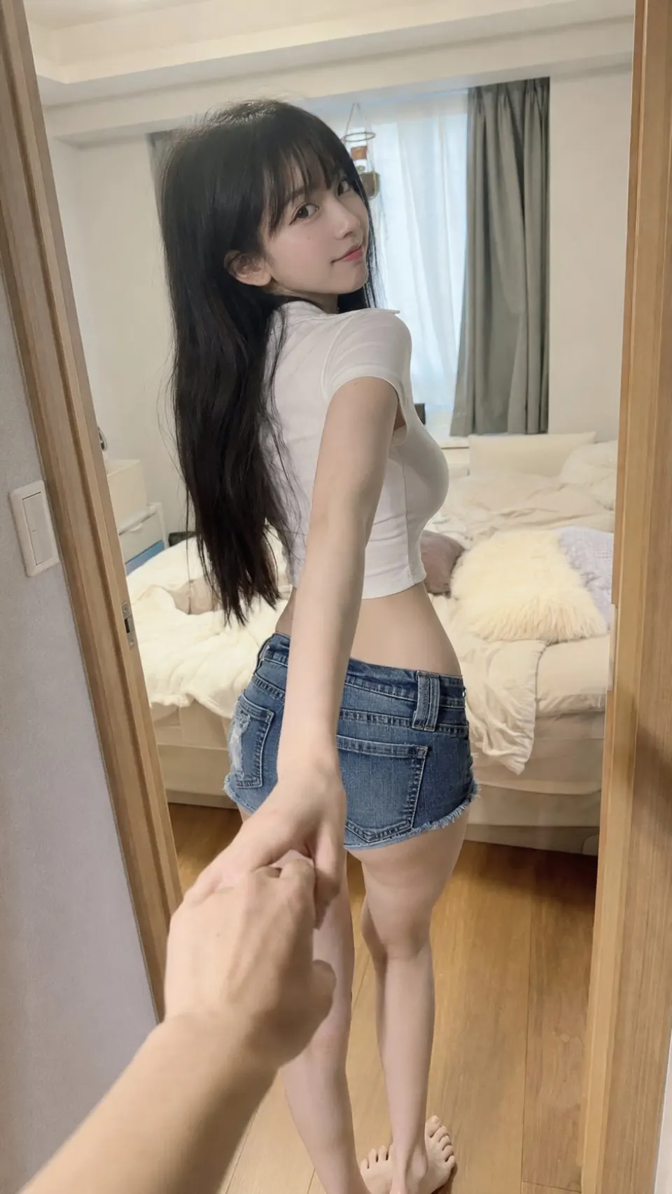 卧室镜前牵手回眸少女