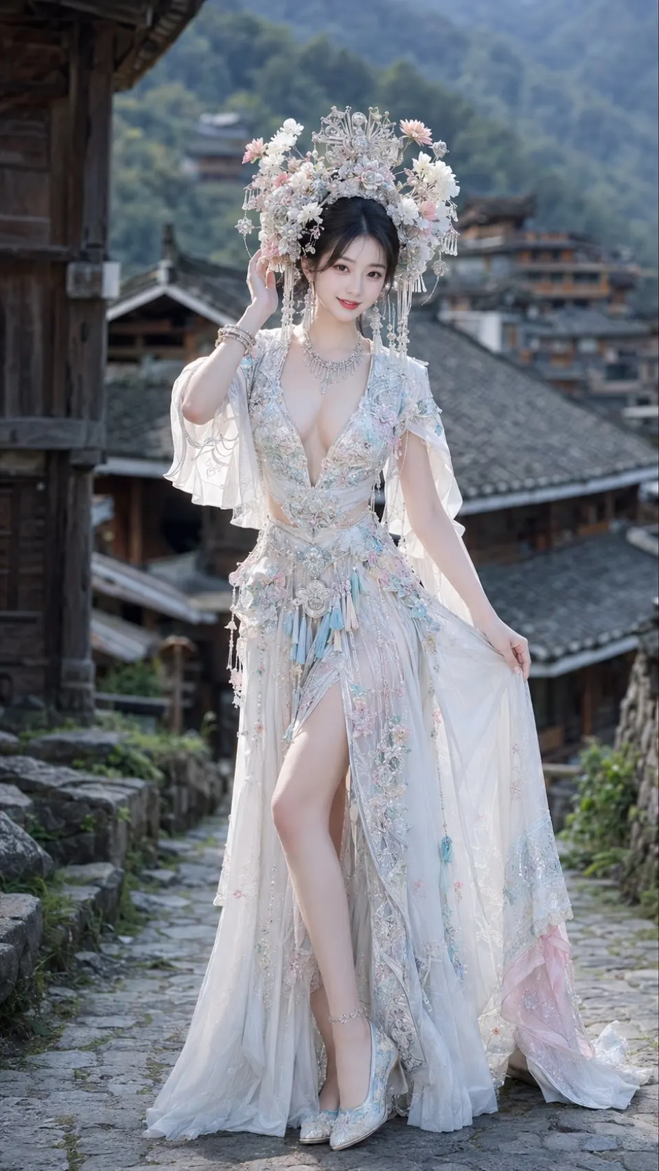 古镇花冠汉服少女