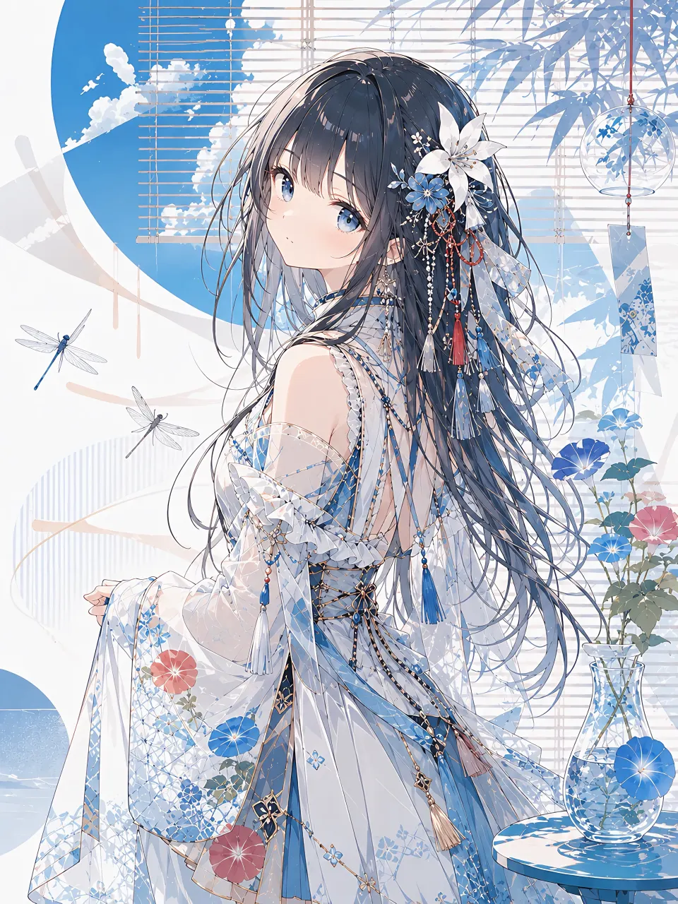 蓝白夏韵·牵牛花少女