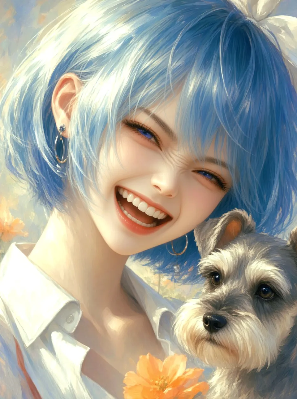 蓝发少女与雪纳瑞的暖阳时光
