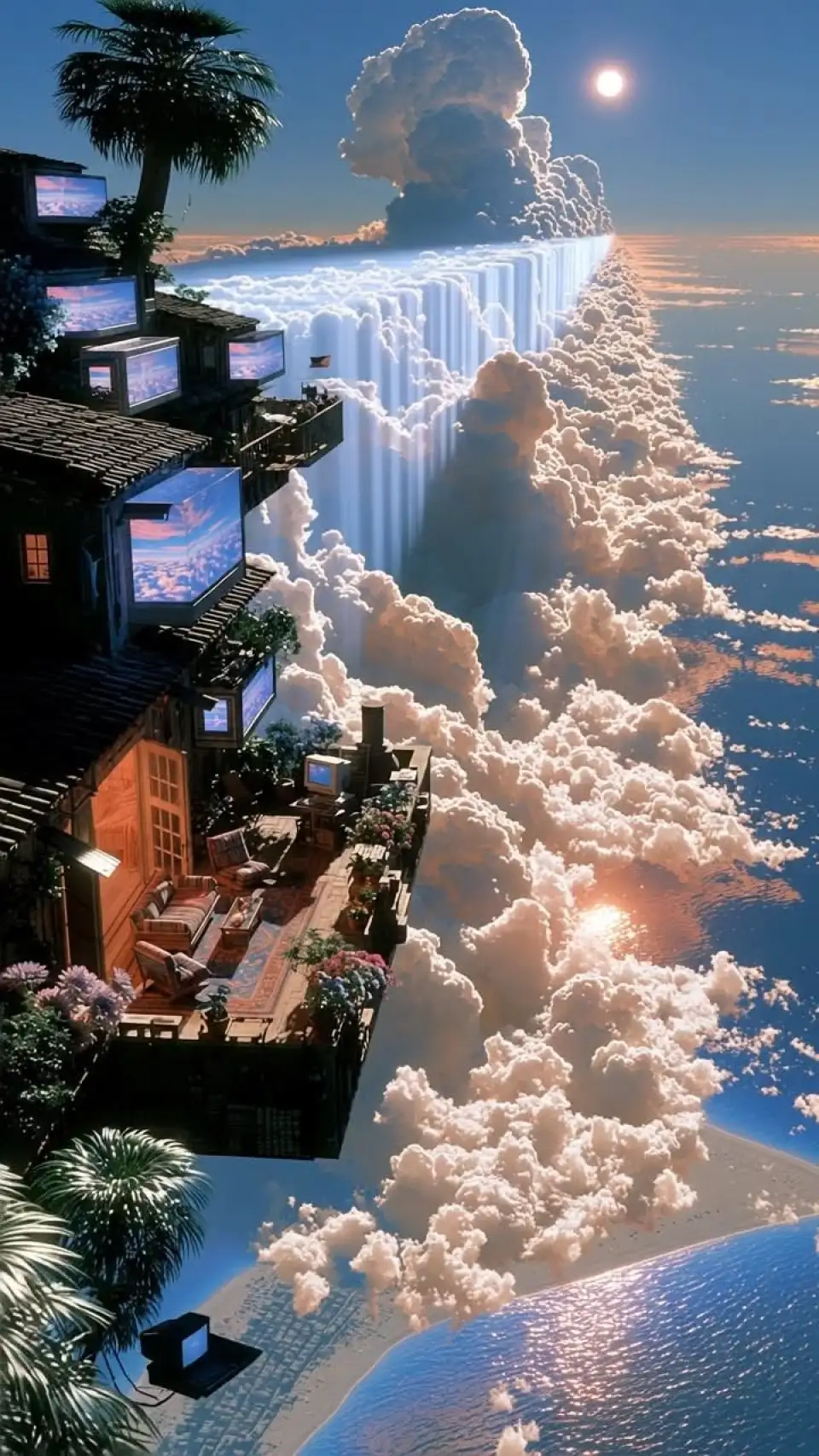 超现实风景：悬浮房屋与云海瀑布