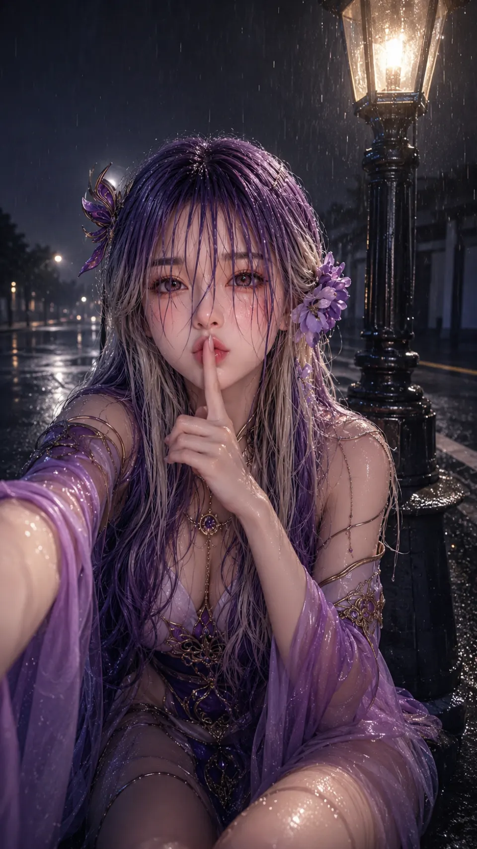 雨夜路灯下的紫发少女