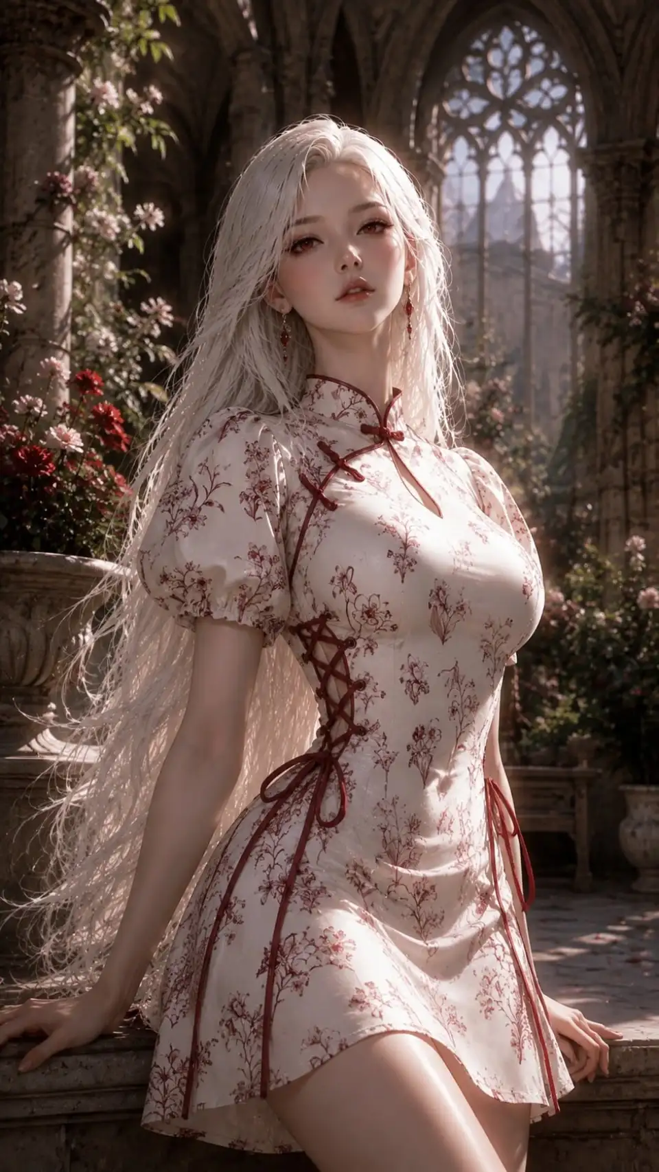 哥特花园中的白发女性