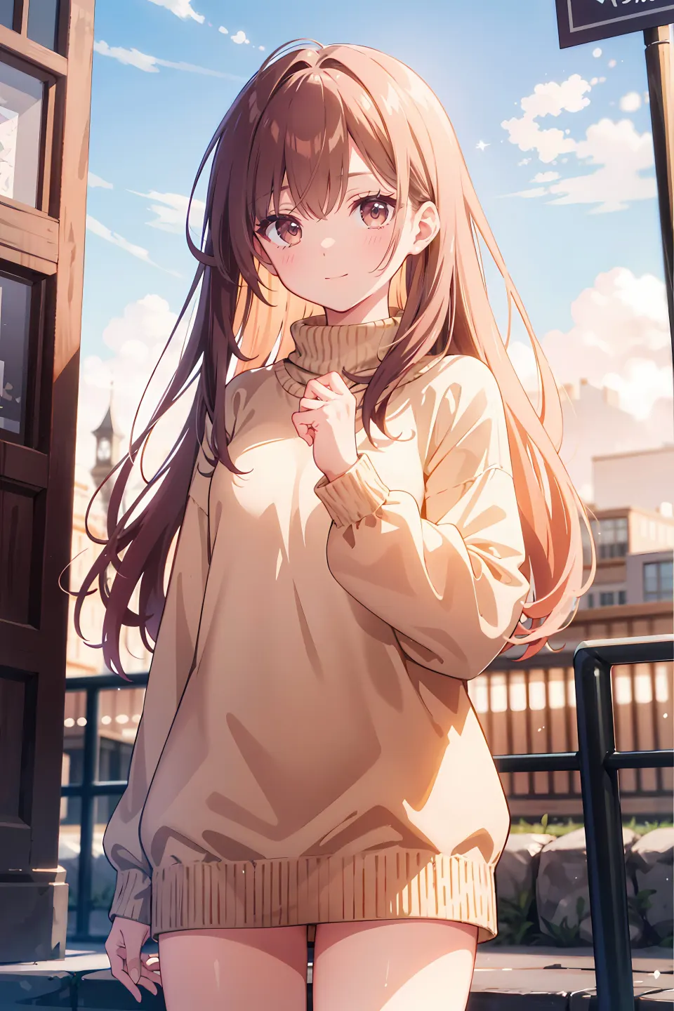 暖阳下的米色毛衣少女