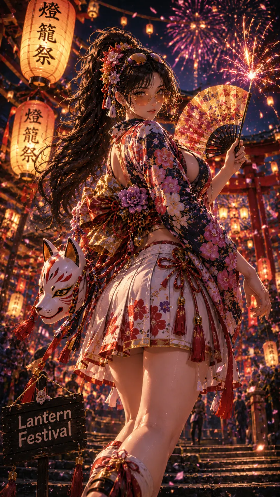 灯笼祭夏夜花火少女