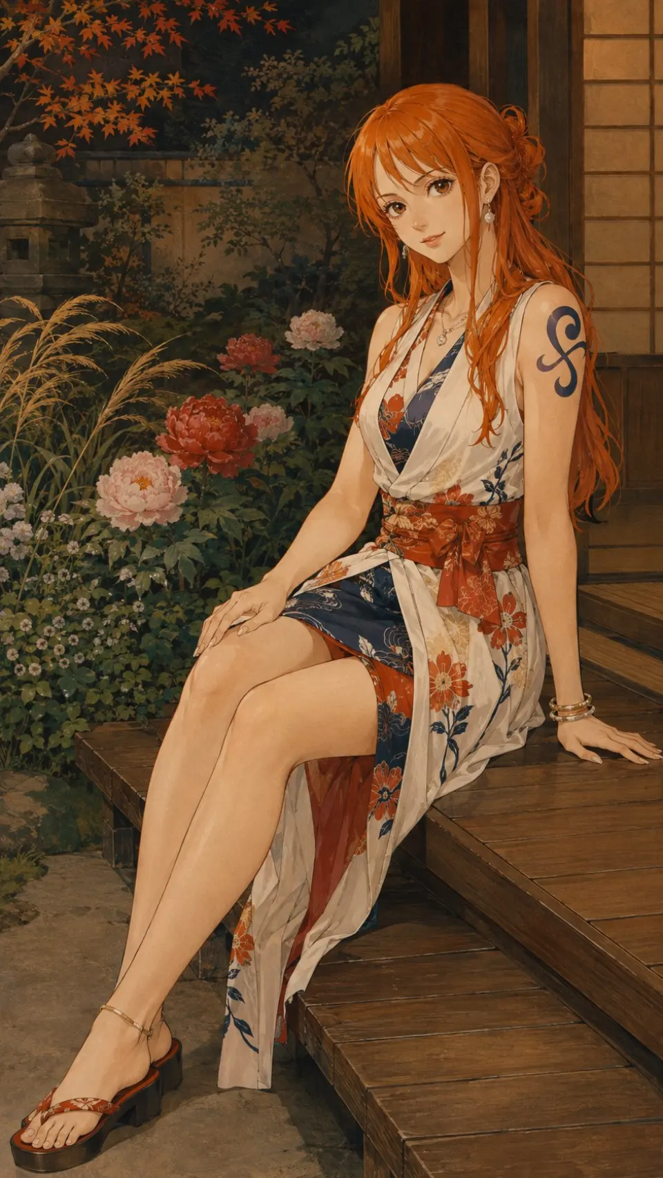 庭院秋枫下的橙发和服少女