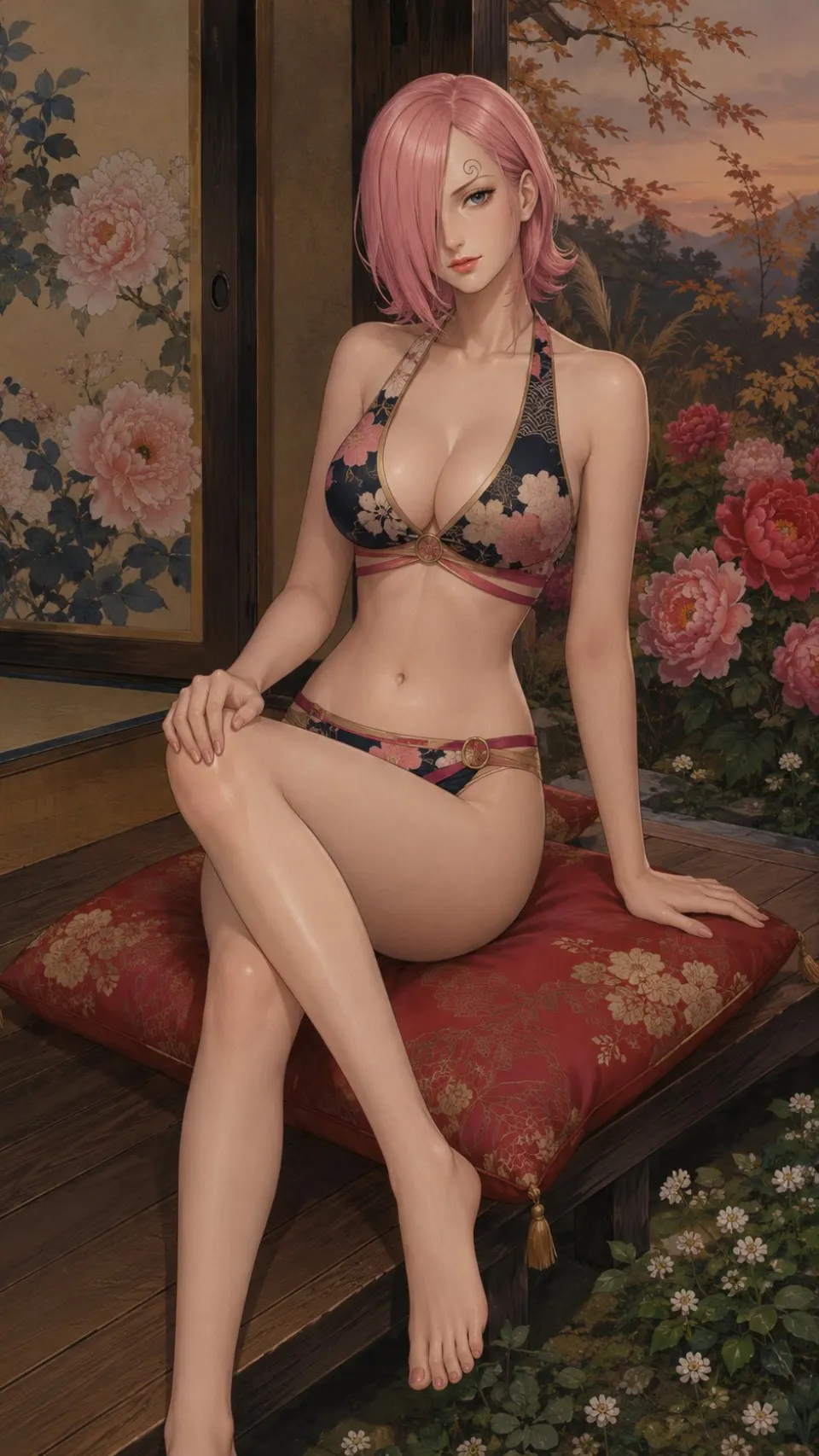 日式庭院粉发少女花卉泳装插画