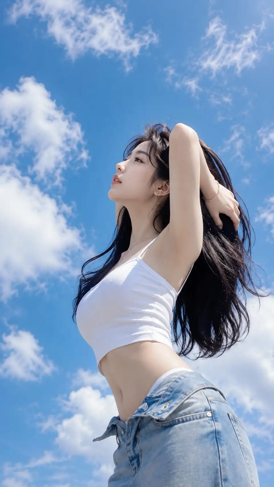 蓝天白云下的白衣少女