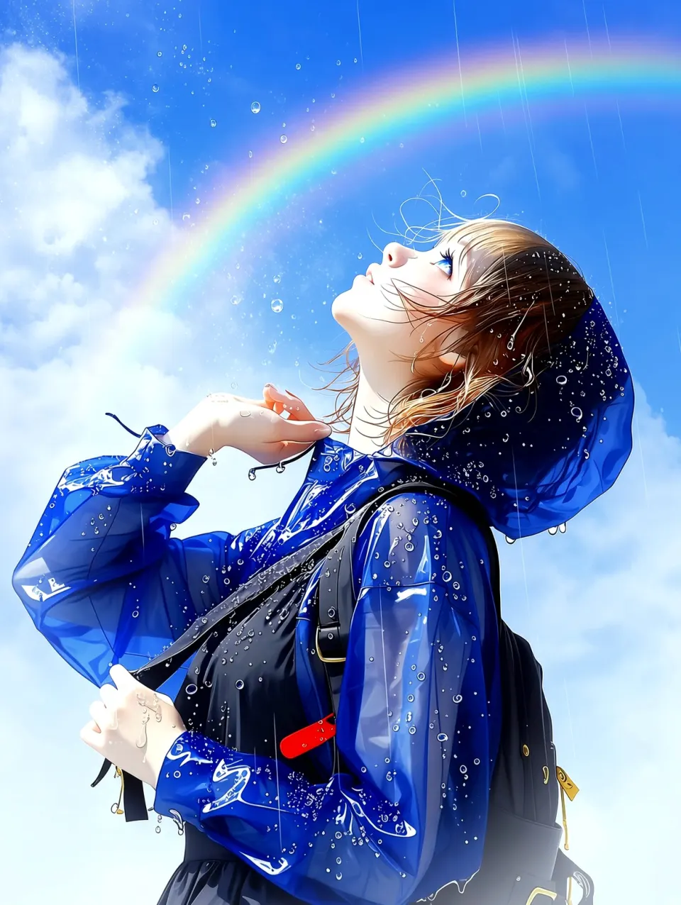 雨后彩虹下的蓝衣少女