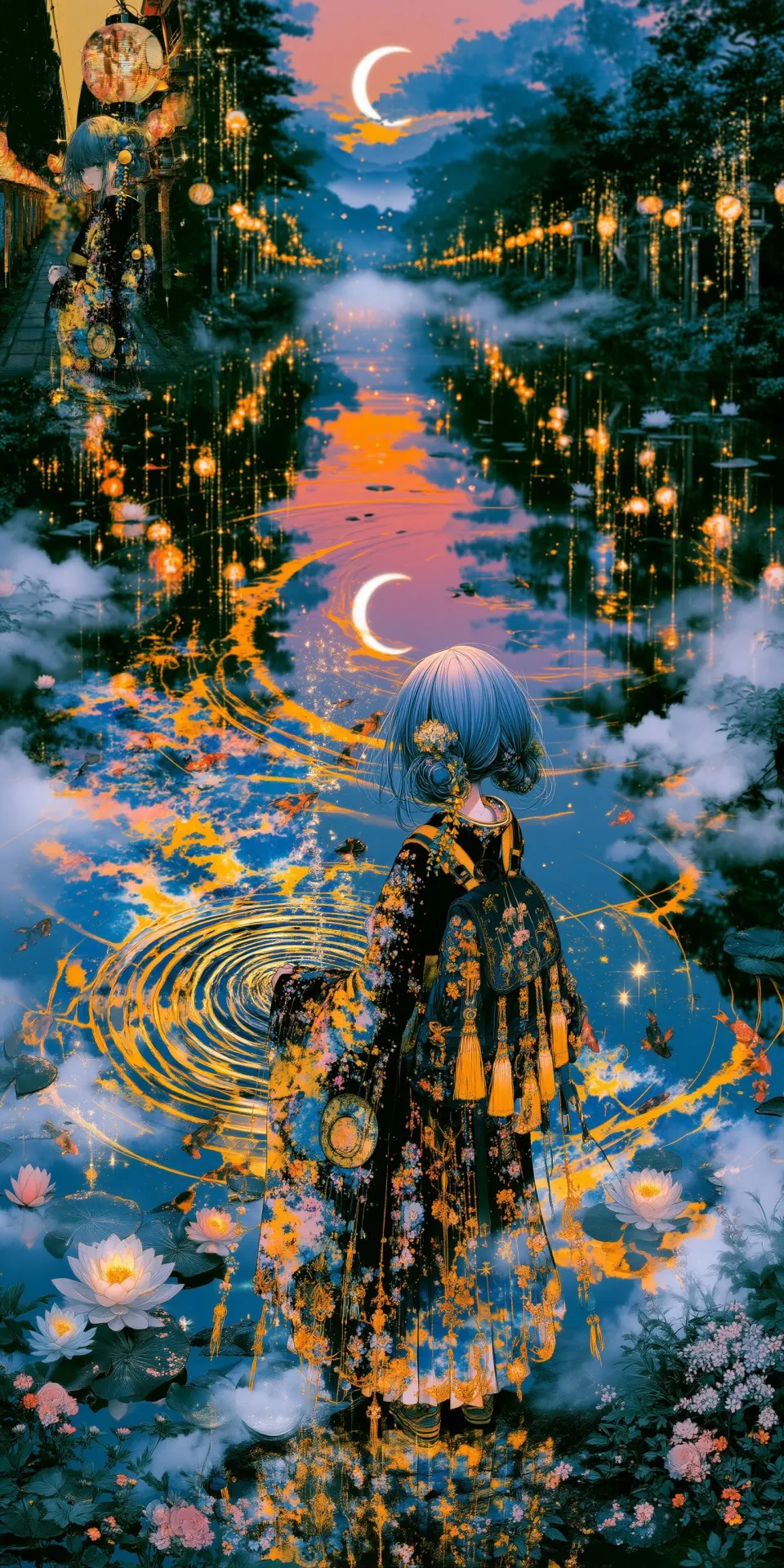 月夜水镜下的和服少女