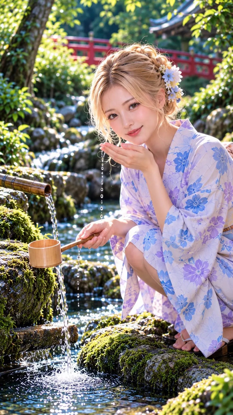 日式庭院竹水口与浅蓝浴衣