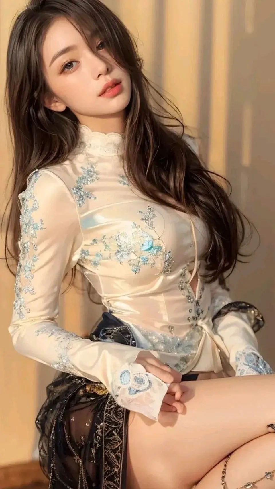 蓝绣缎面旗袍风人像