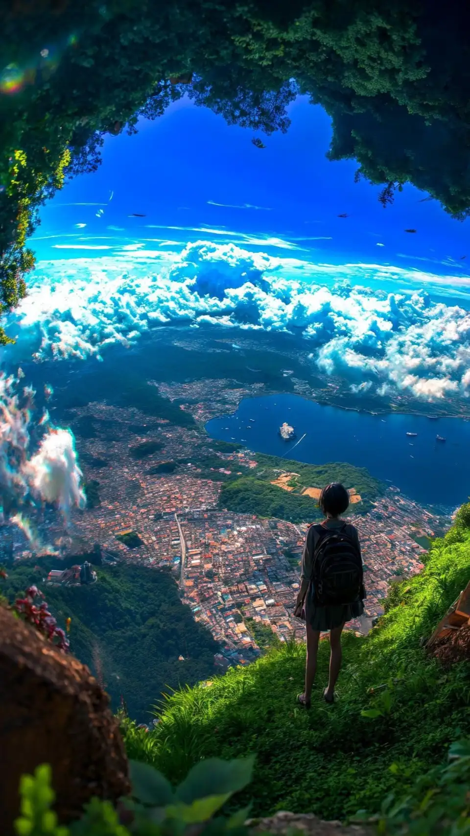 山巅俯瞰湖城的背影