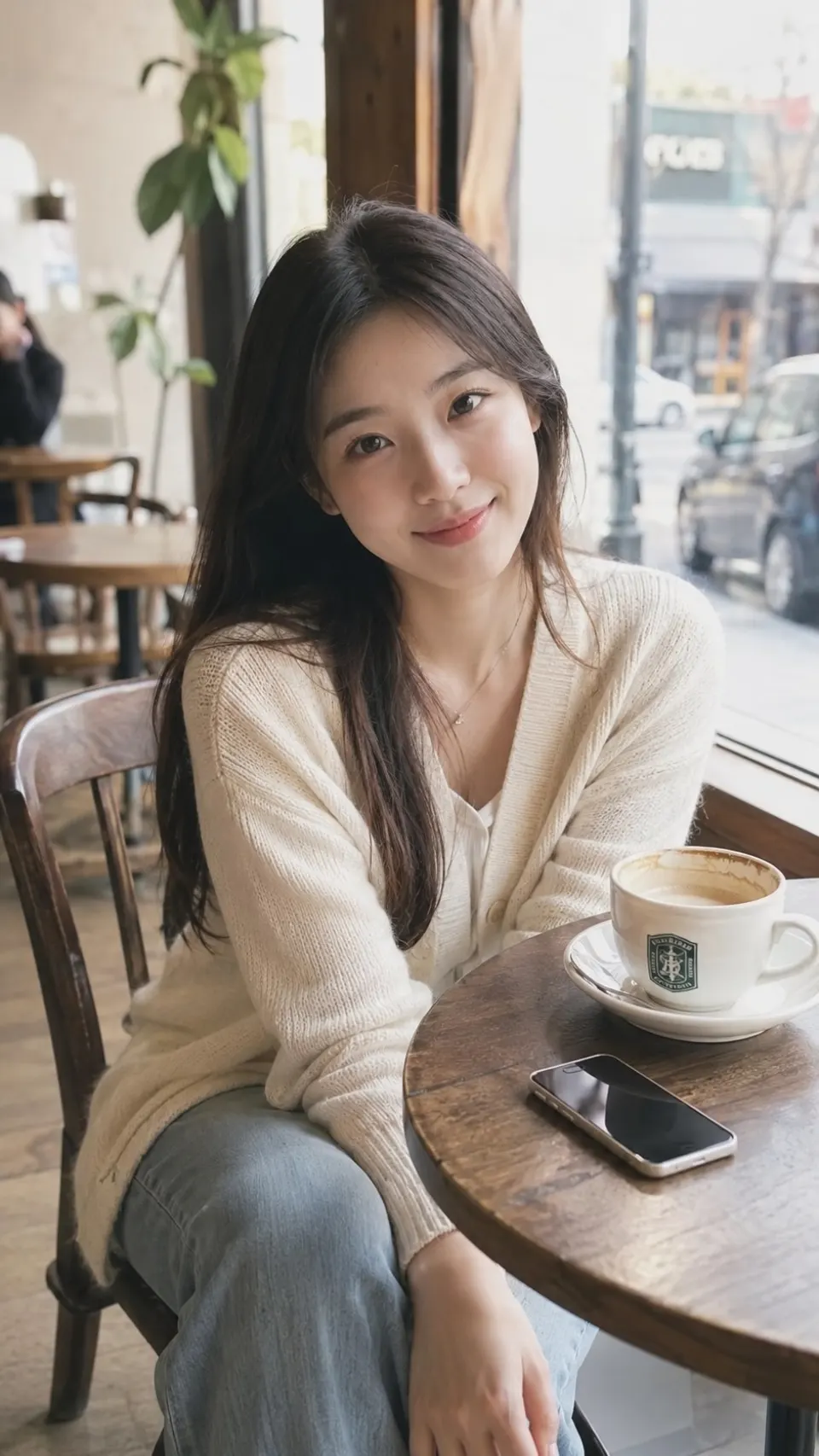咖啡馆窗边的米色针织衫少女