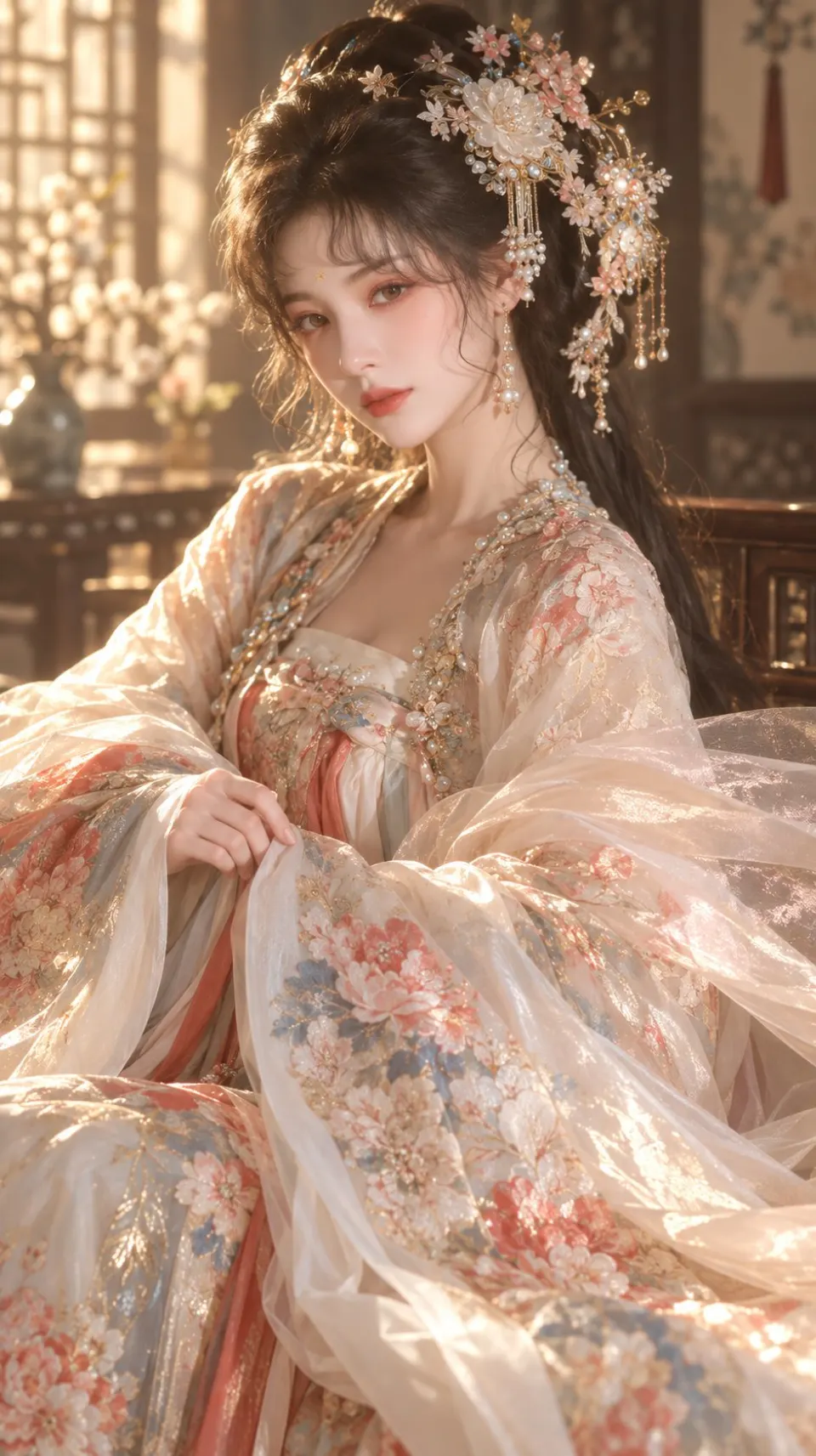 暖光中的花饰古装女子