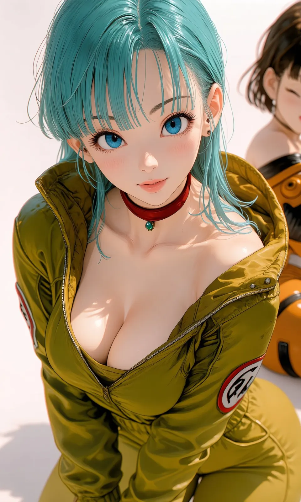 蓝发少女橄榄绿连体衣插画