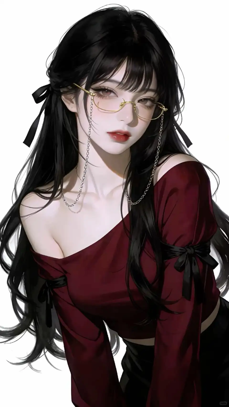 酒红露肩装金链眼镜少女