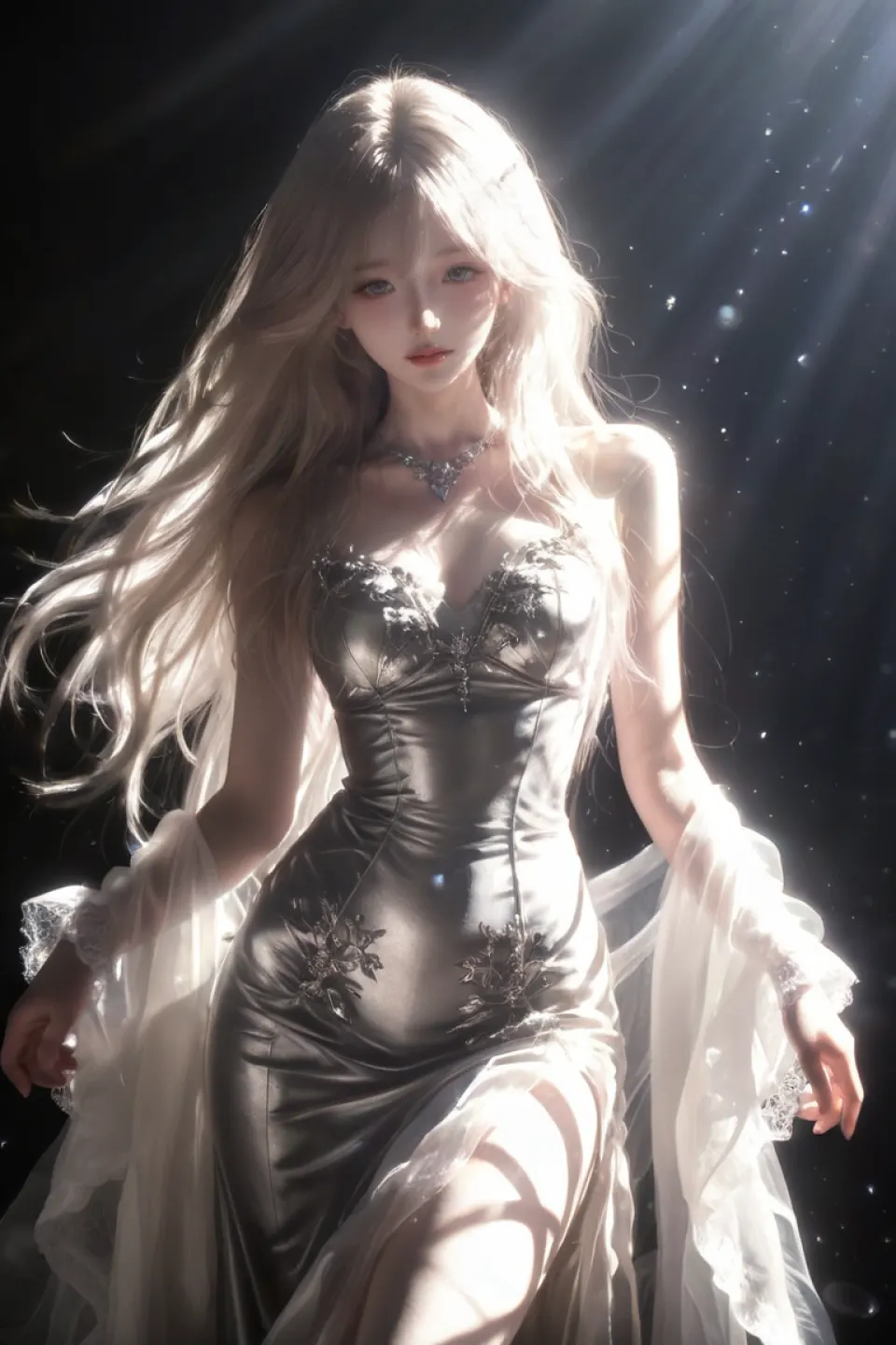 星辉下的银缎礼服少女