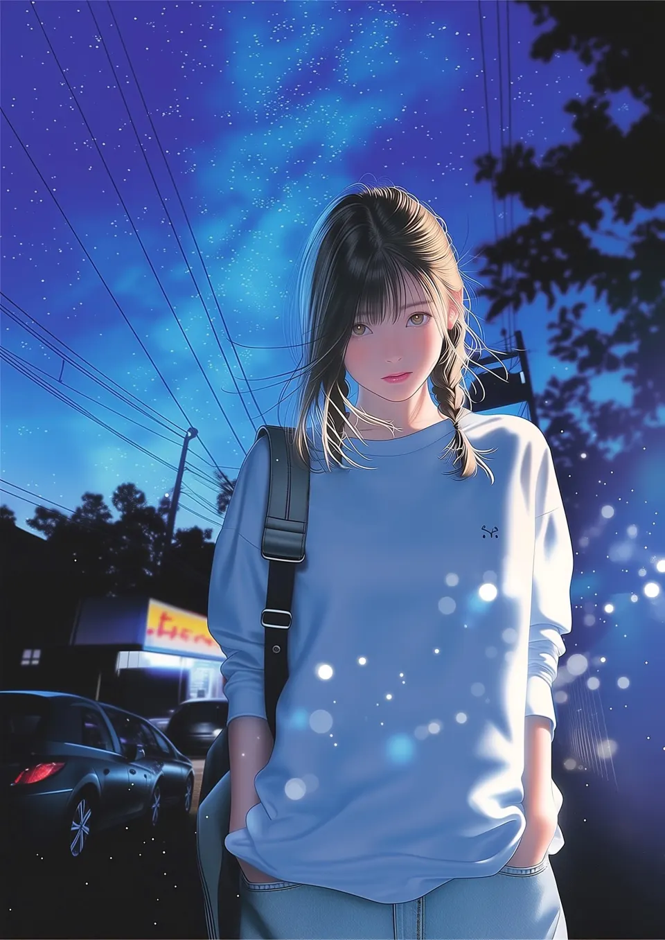 星空下的街道少女