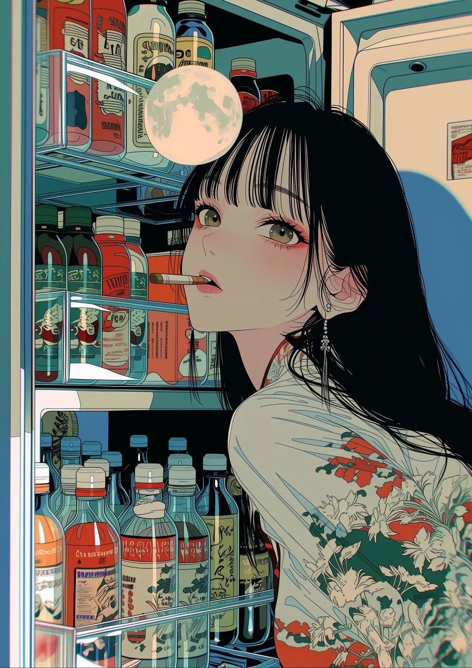 冰箱前的月光少女