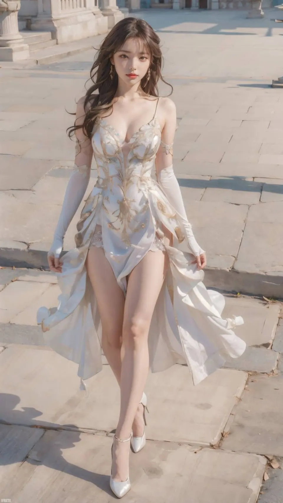古典庭院中的白金刺绣礼服少女