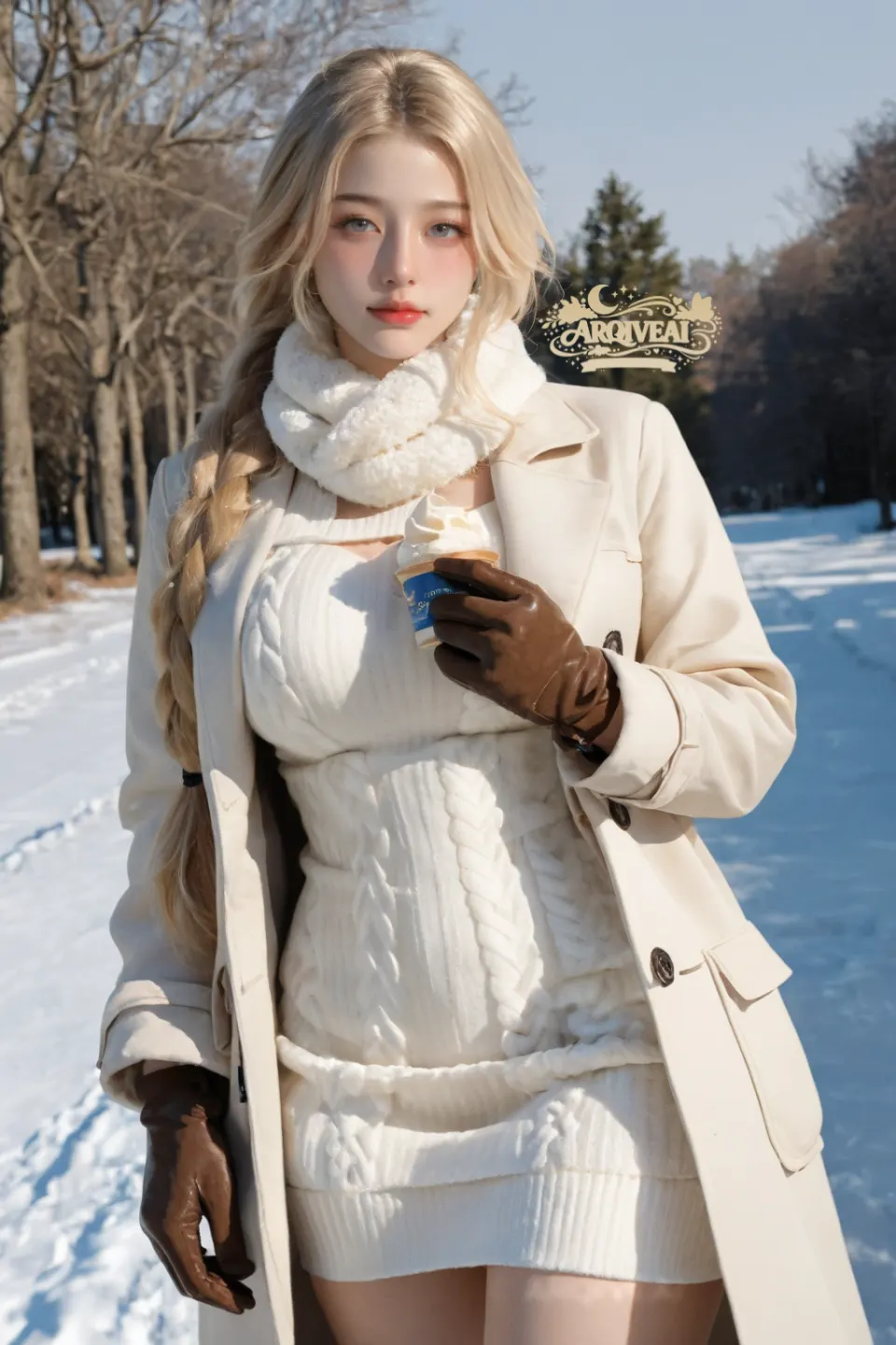 雪地公园中的白衣少女