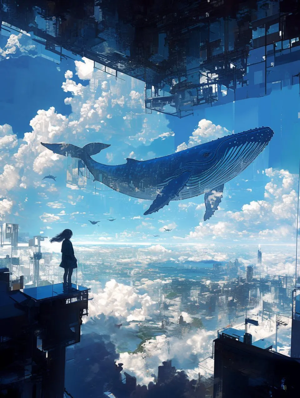 蓝色城市上空的鲸鱼