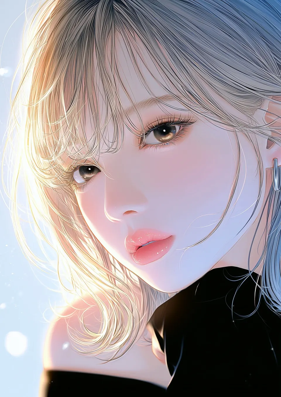 逆光下的银发少女特写