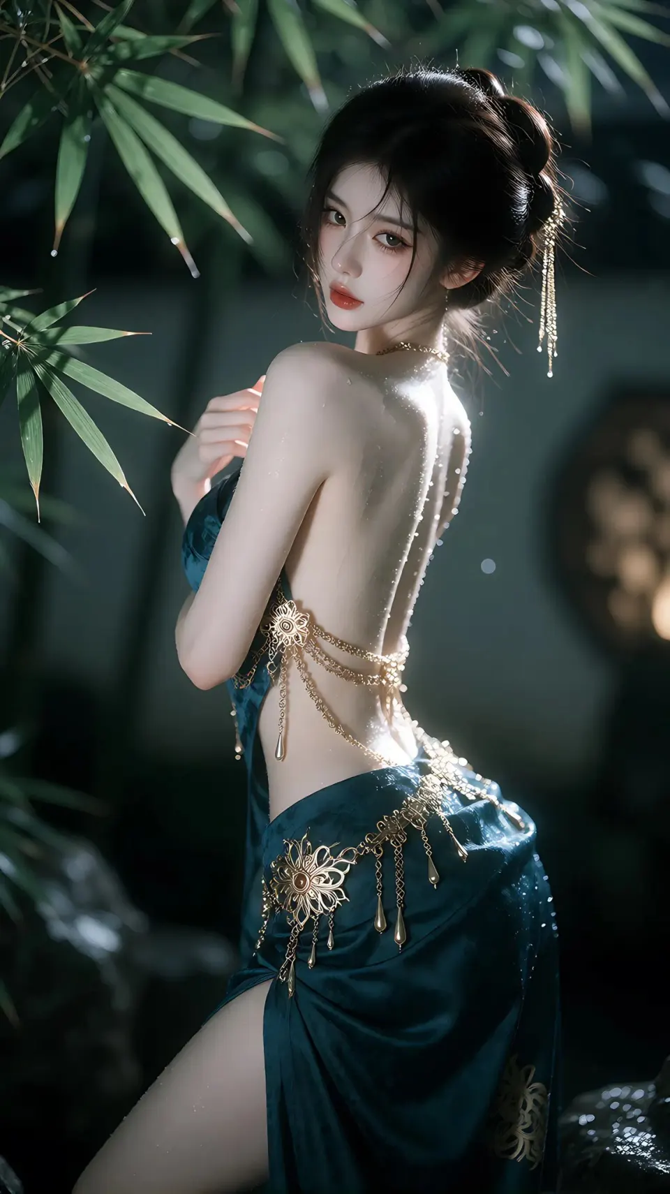 竹影中的深青色古风女子
