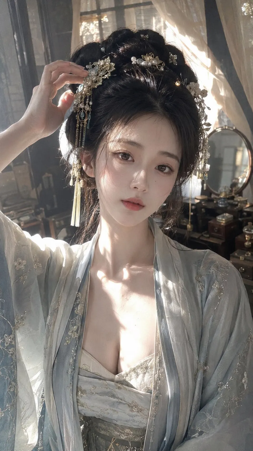 晨光梳妆·浅蓝汉服少女