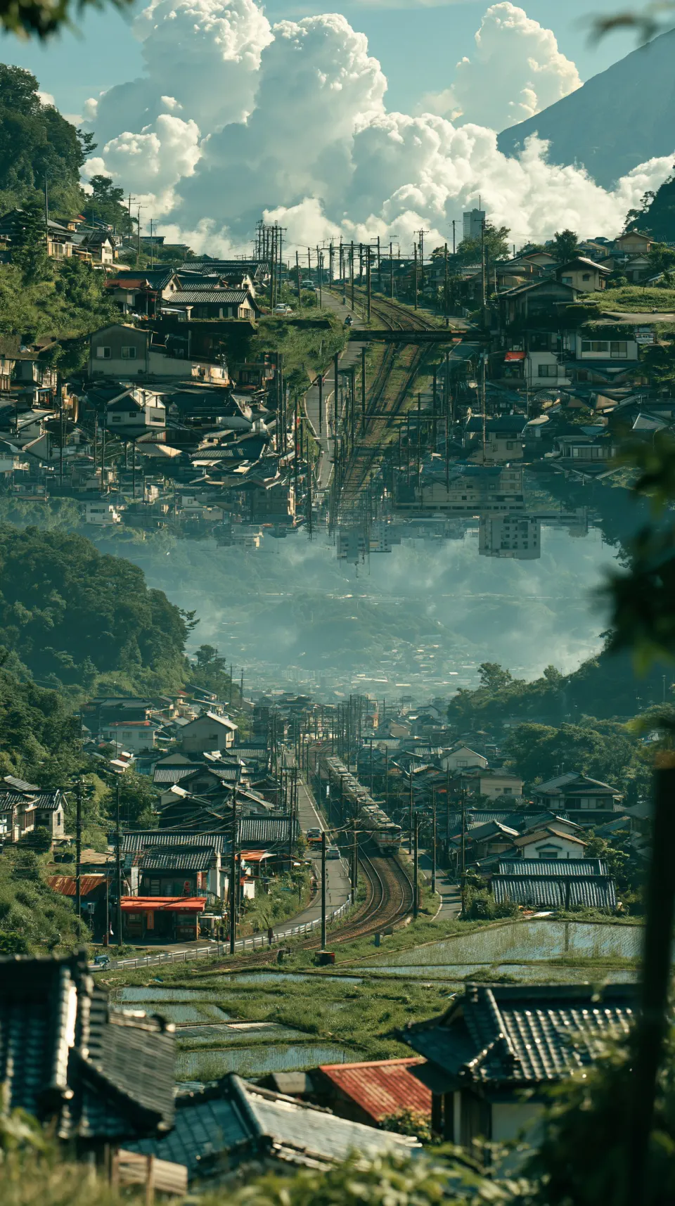镜像山谷：日式乡村与铁路的超现实倒影