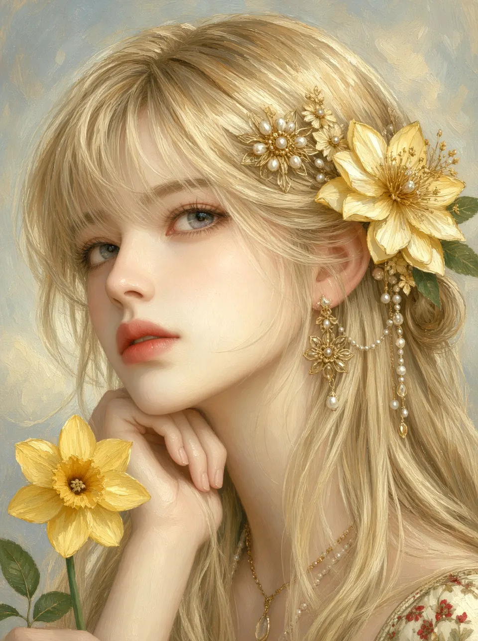 金发珍珠花饰少女油画肖像